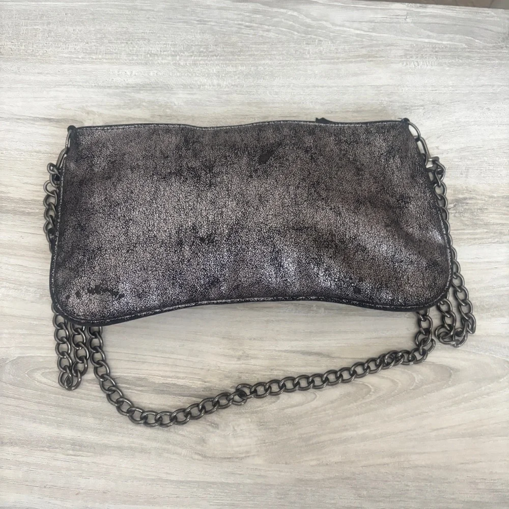 Y2K Old Navy Crackle Metallic Silver/Black Crossbody Shoulder Bag W/Chains.